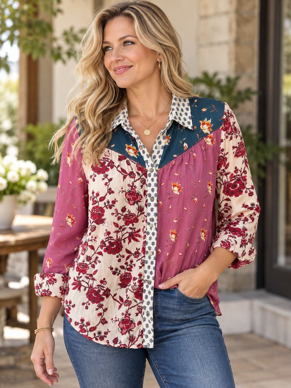 Sundance Size M Patchwork Floral Button Front Shirt 100% Cotton Boho Western